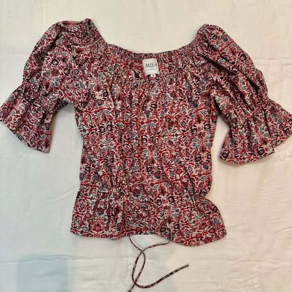 Misa Los Angeles Red/White/Blue Floral Print ZALTANA Embroidered Top, Medium - Picture 5 of 6